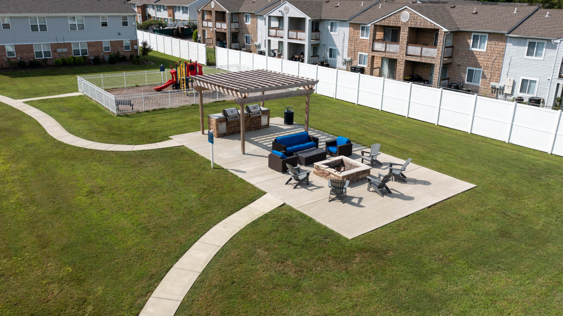aerial view of outdoor lounge area and playground